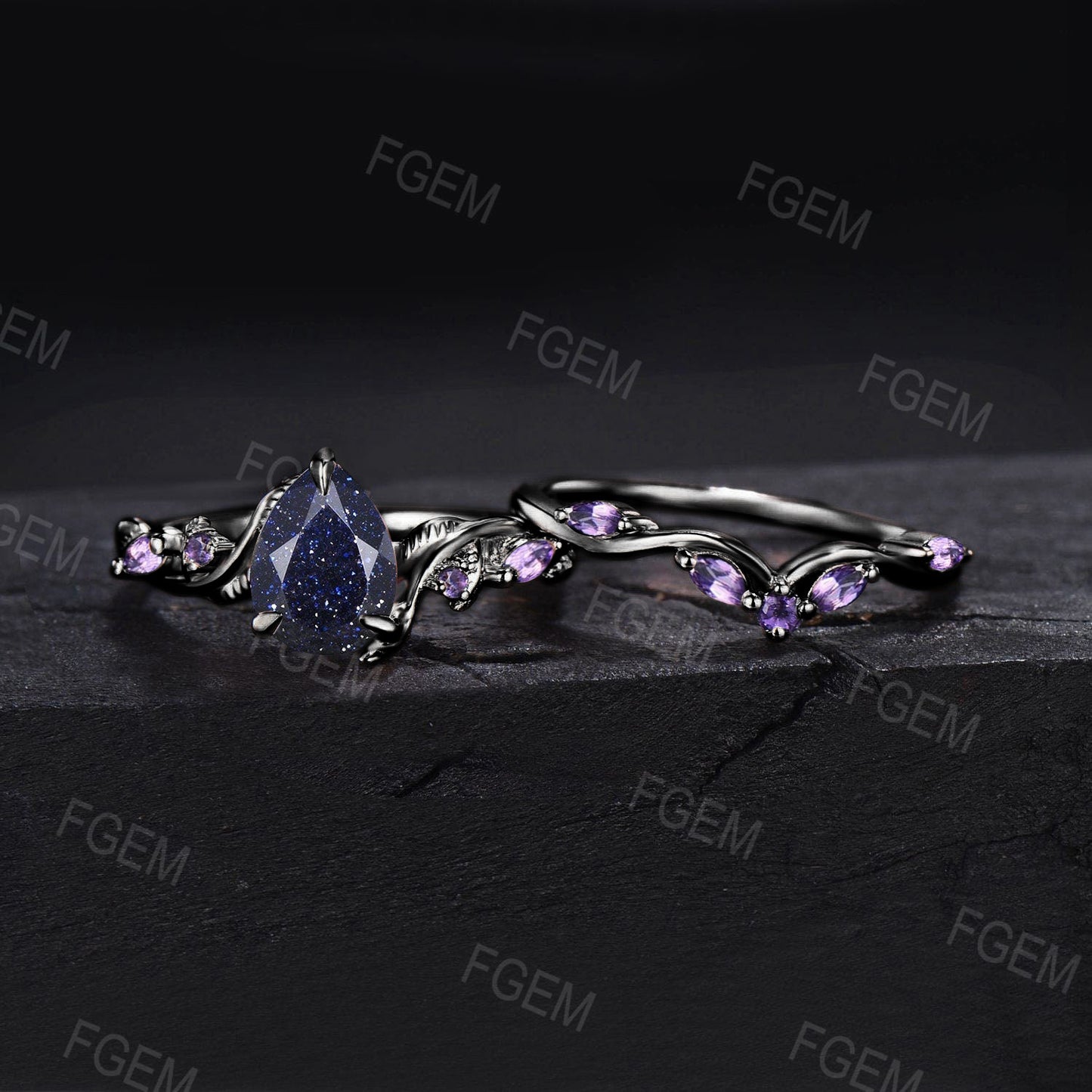 1.25ct Nature Inspired Pear Galaxy Blue Sandstone Amethyst Bridal Set Unique Twig Vine Teardrop Blue Goldstone Black Gold Wedding Ring Set
