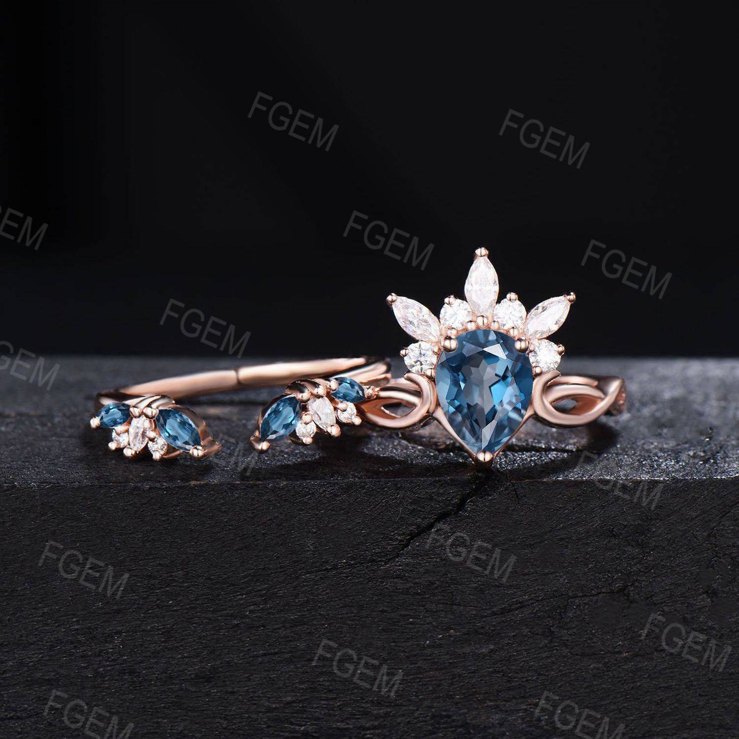 Marquise Crown Ring Pear Natural London Blue Topaz Bridal Set Vintage Blue Topaz Moissanite Cluster Engagement Ring December Birthstone Gift