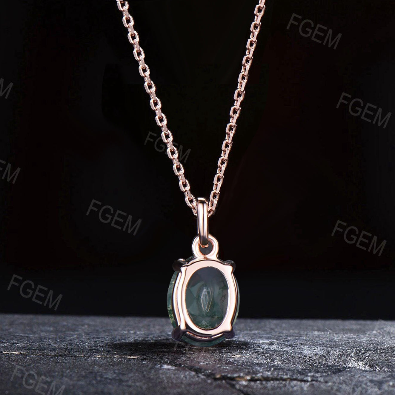 Oval Natural Moss Agate Necklace Solid 14k/18k Rose Gold Vintage Unique Personalized Wedding Pendant For Women Her Anniversary Bridal Gifts