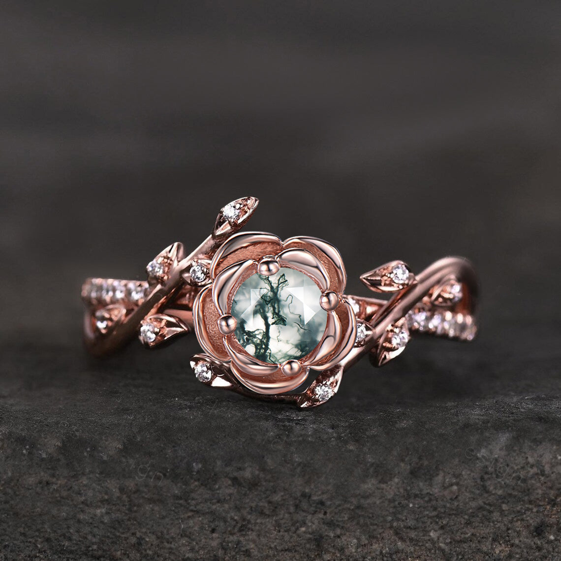 Rose Flower Natural Moss Agate Engagement Ring Half Eternity Ring 5MM