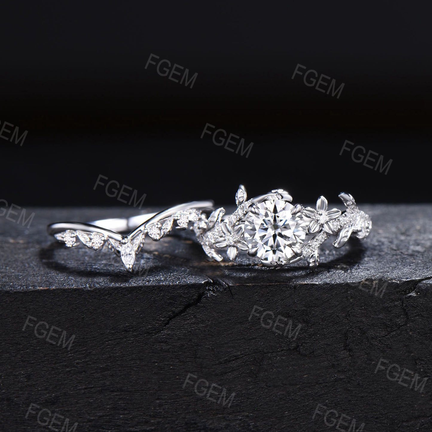 Floral Round Moissanite Ring Set Nature Inspired Moissanite Ring Branch Vine Bridal Set Unique Women Gift