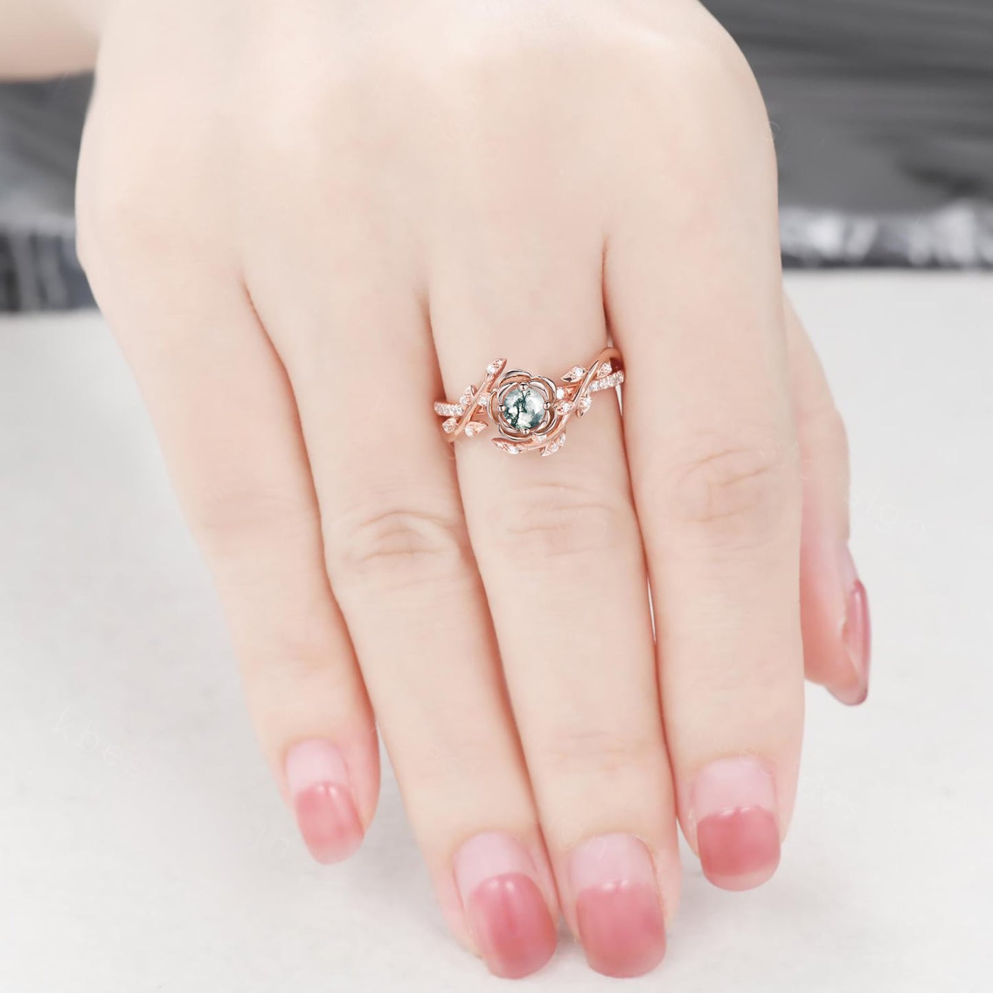 Rose Flower Natural Moss Agate Engagement Ring Half Eternity Ring 5MM