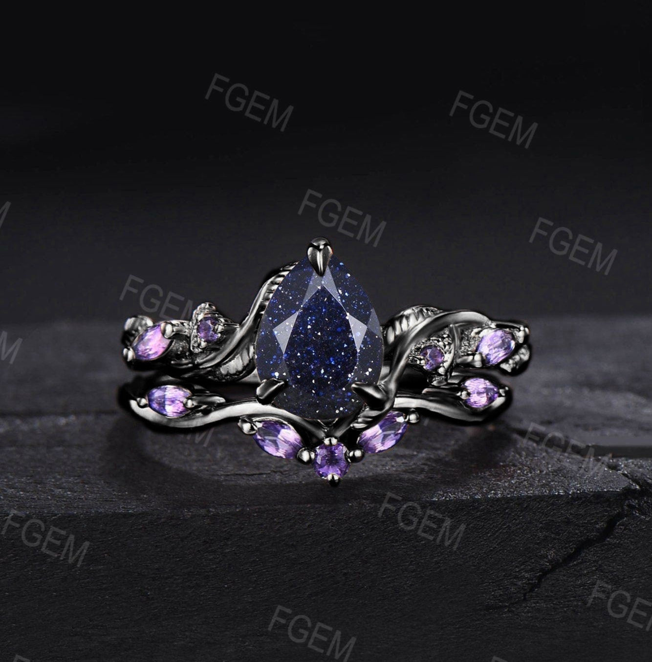 1.25ct Nature Inspired Pear Galaxy Blue Sandstone Amethyst Bridal Set Unique Twig Vine Teardrop Blue Goldstone Black Gold Wedding Ring Set