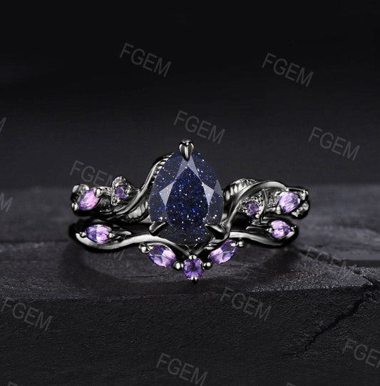 1.25ct Nature Inspired Pear Galaxy Blue Sandstone Amethyst Bridal Set Unique Twig Vine Teardrop Blue Goldstone Black Gold Wedding Ring Set