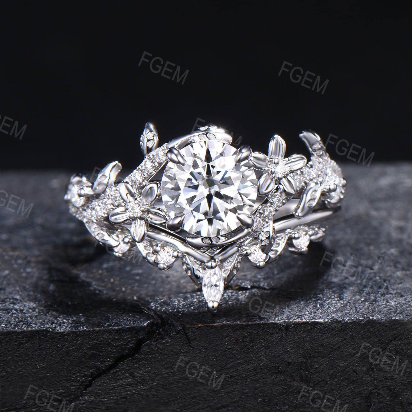 Floral Round Moissanite Ring Set Nature Inspired Moissanite Ring Branch Vine Bridal Set Unique Women Gift