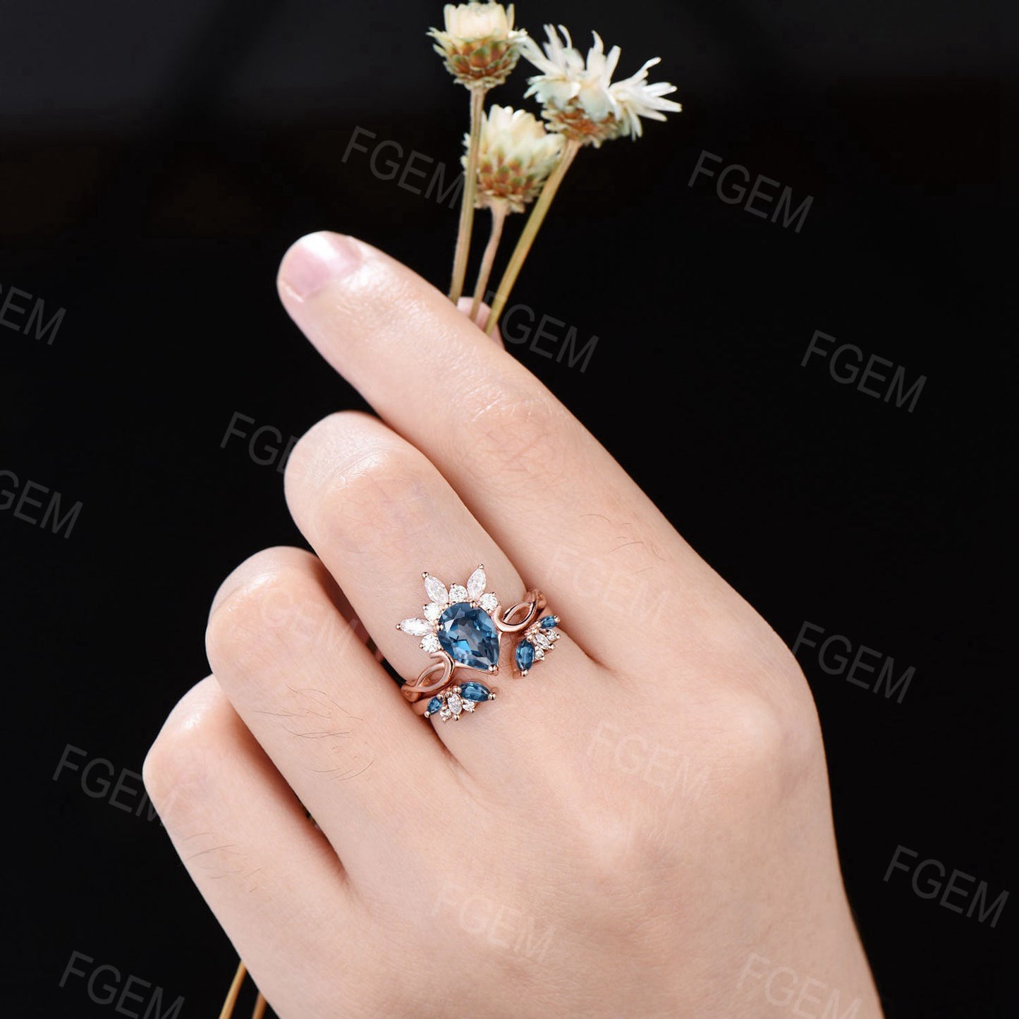 Marquise Crown Ring Pear Natural London Blue Topaz Bridal Set Vintage Blue Topaz Moissanite Cluster Engagement Ring December Birthstone Gift