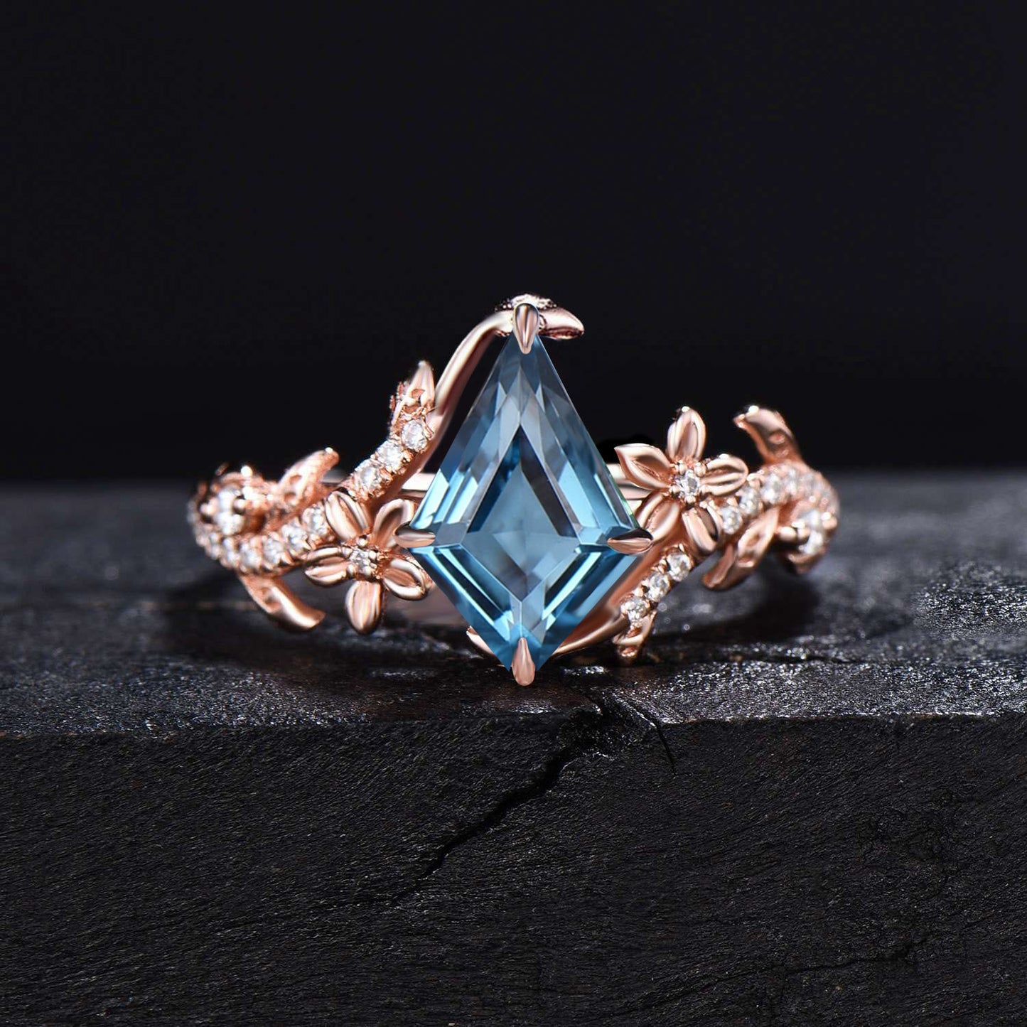 Branch Leaf Natural London Blue Topaz Ring Set Kite Blue Gemstone Wedding Ring Celtic Moissanite Engagement Ring December Birthstone Jewelry