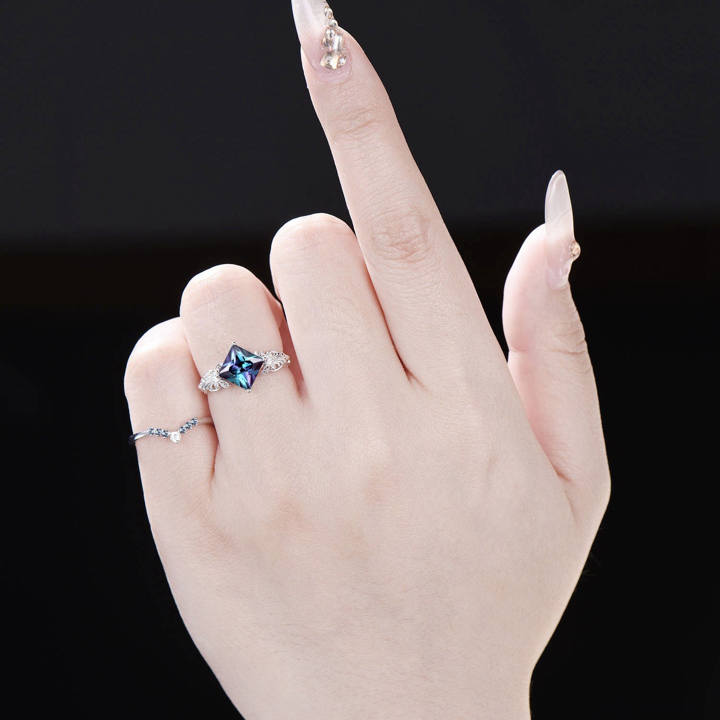 Butterfly Alexandrite Engagement Ring Set 2CT Princess Cut Alexandrite Ring Solid Gold Moissanite Filigree Wedding Ring Women Gift