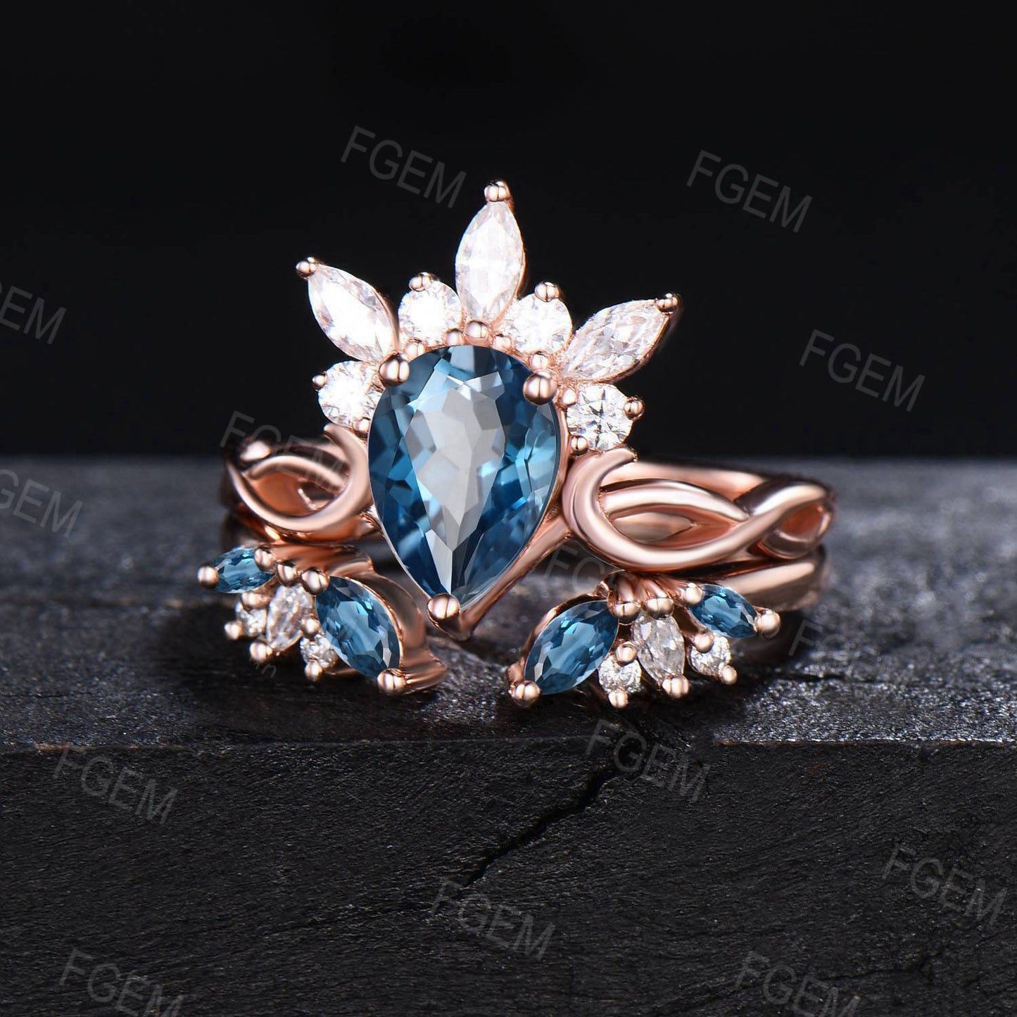 Marquise Crown Ring Pear Natural London Blue Topaz Bridal Set Vintage Blue Topaz Moissanite Cluster Engagement Ring December Birthstone Gift