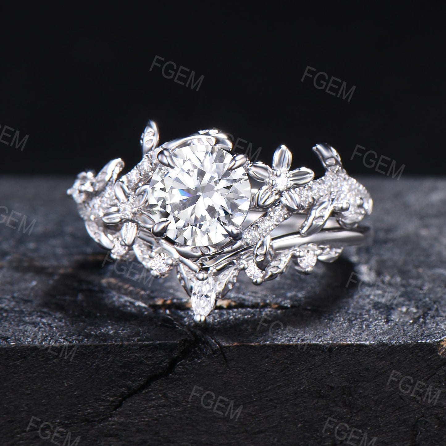 Floral Round Moissanite Ring Set Nature Inspired Moissanite Ring Branch Vine Bridal Set Unique Women Gift