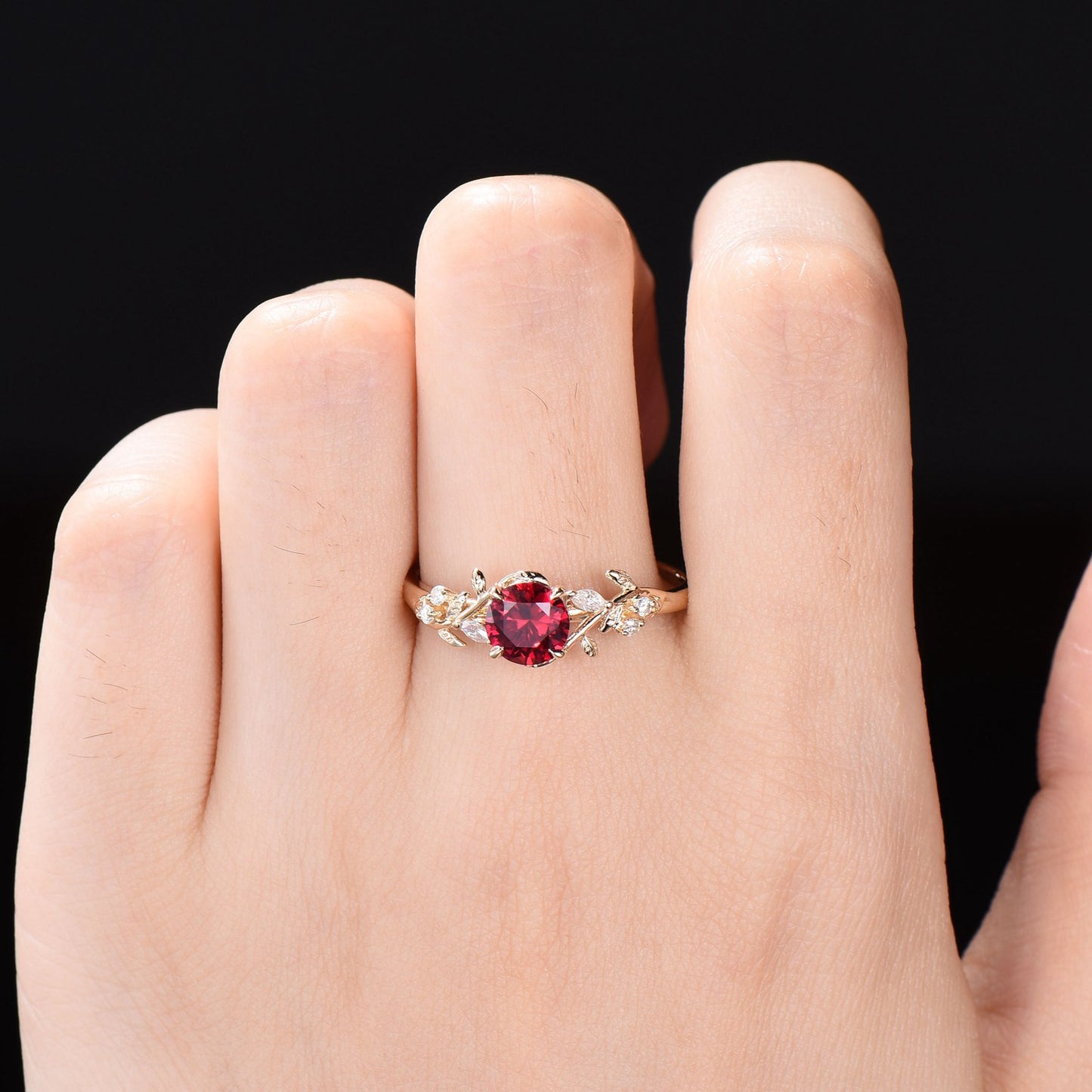 1ct Round Nature Inspired Ruby Engagement Ring Red Gemstone Jewelry Twig Leaf Cluster Moissanite Ring Anniversary Ring July Birthstone Gift