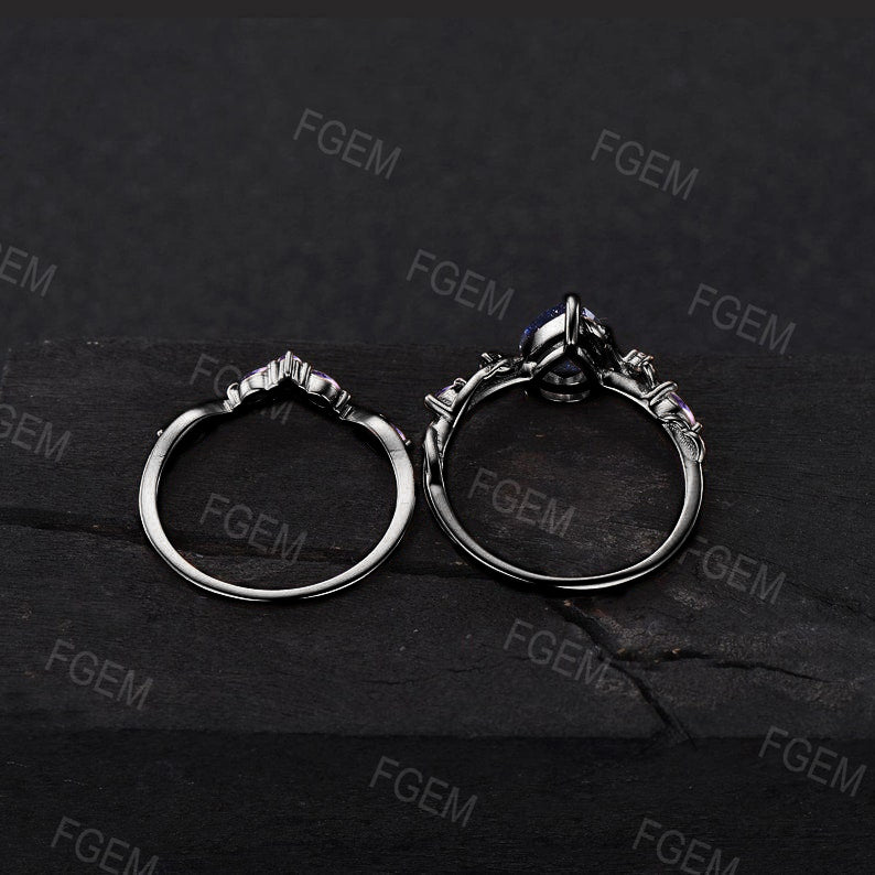 1.25ct Nature Inspired Pear Galaxy Blue Sandstone Amethyst Bridal Set Unique Twig Vine Teardrop Blue Goldstone Black Gold Wedding Ring Set