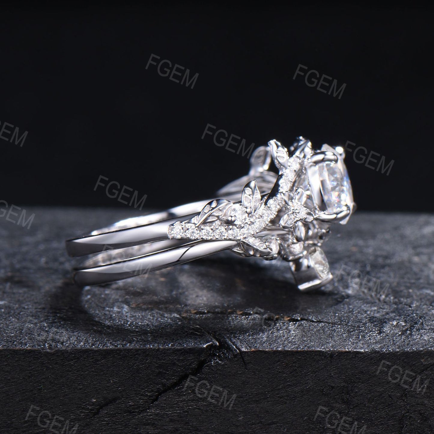 Floral Round Moissanite Ring Set Nature Inspired Moissanite Ring Branch Vine Bridal Set Unique Women Gift
