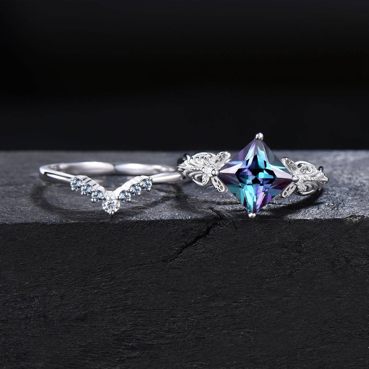 Butterfly Alexandrite Engagement Ring Set 2CT Princess Cut Alexandrite Ring Solid Gold Moissanite Filigree Wedding Ring Women Gift