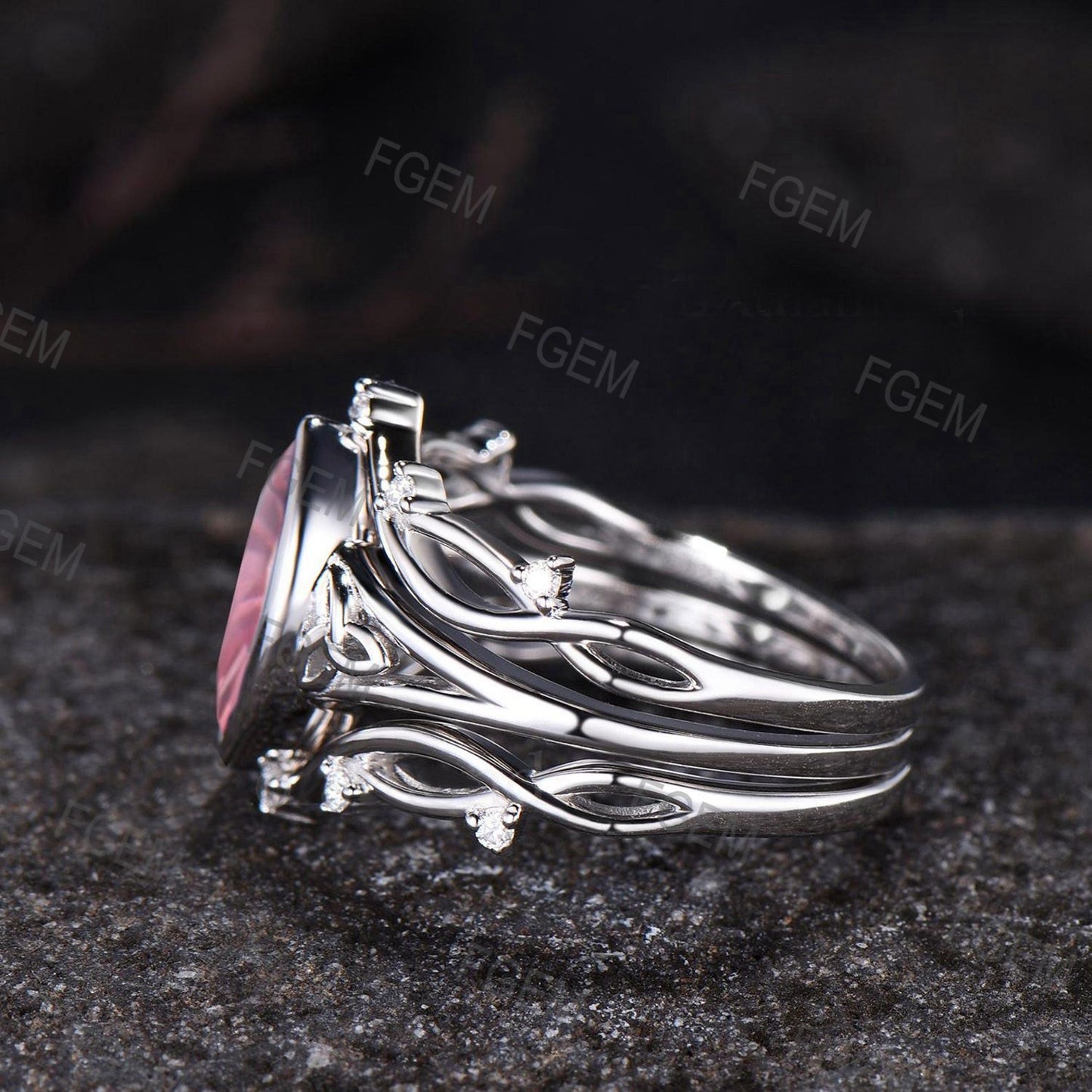 Celtic Knot Marquise Fireworks Cut Padparadscha Pink Sapphire Bezel Engagement Ring Set Split Shank, 3pcs Crown Infinity Wedding Ring Set