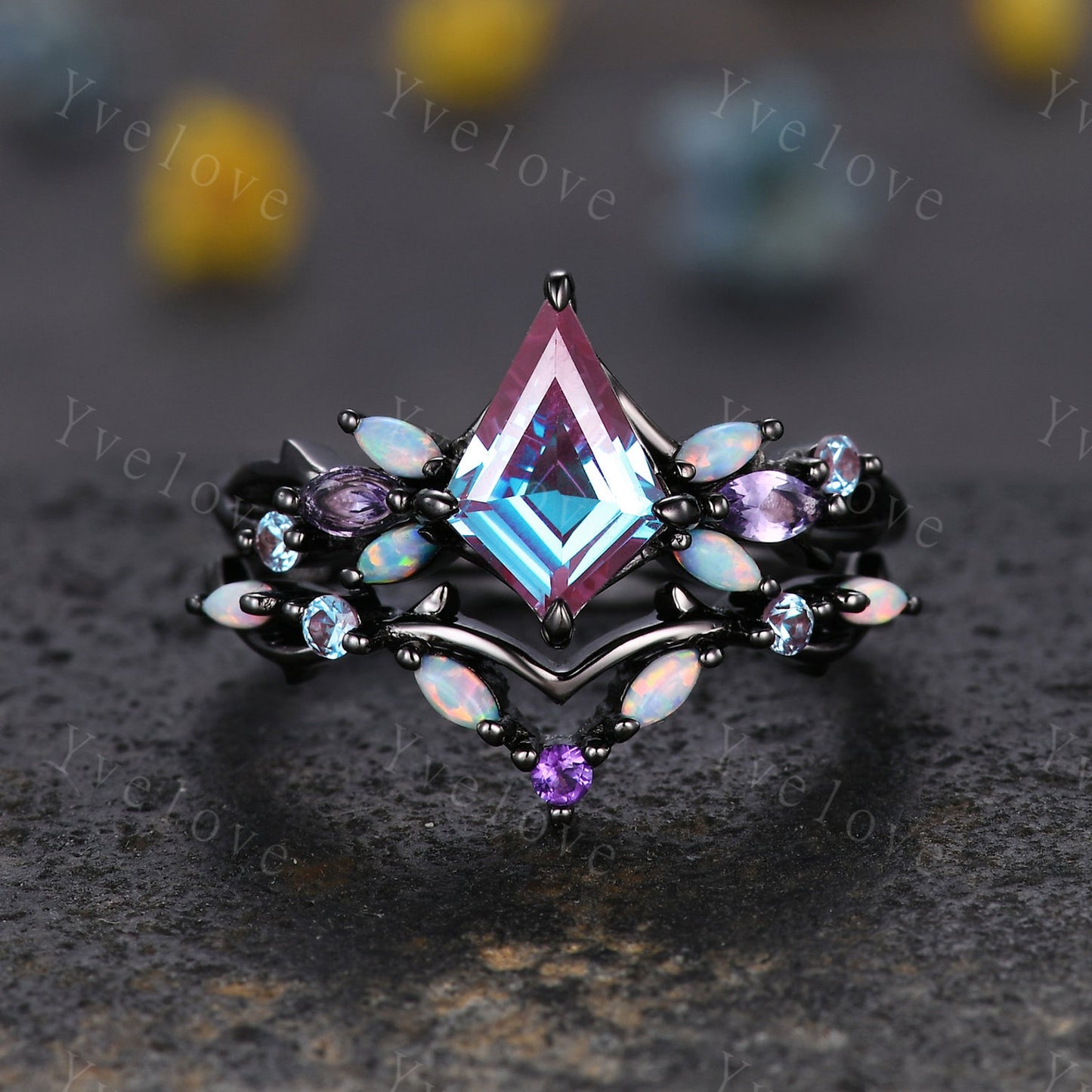 Black Gold Alexandrite Engagement Ring Set with Opal & Amethyst Vines