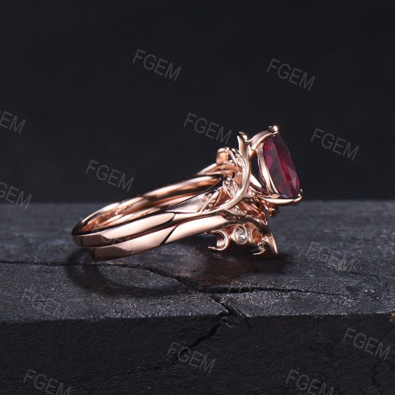 July Birthstone Wedding Ring 1.25ct Pear Red Ruby Ring Set Ruby Gemstone Jewelry Nature Ruby Celtic Bridal Ring Set Anniversary Gift Women