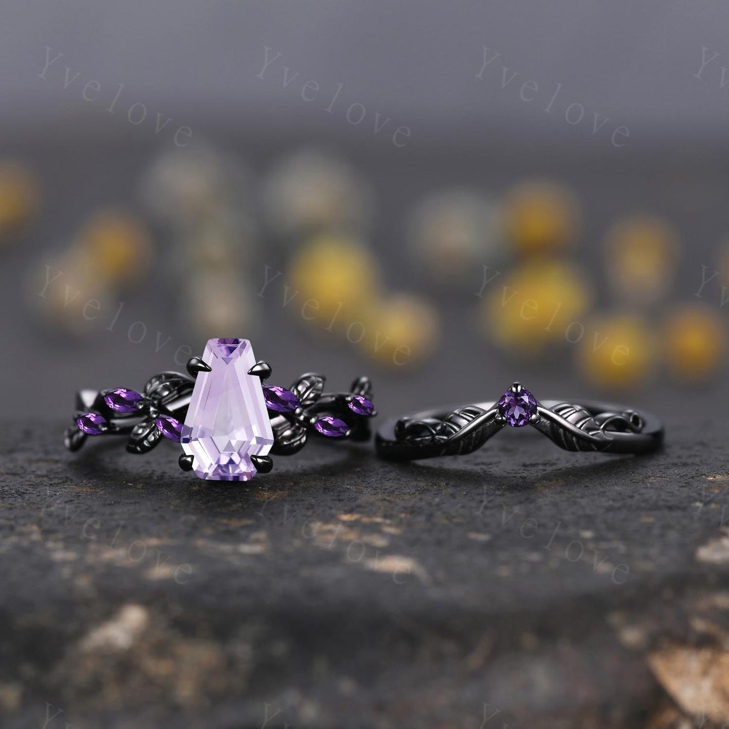 Coffin Shape Lavender Amethyst Ring,Vintage Twig Vine Leaf Ring,Antique Amethyst Bridal Promise Ring Set Anniversary Gift Black Gold band