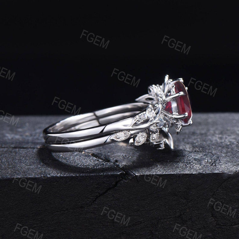 1ct Hexagon Ruby Bridal Set 10K White Gold Nature Inspired Twig Leaf Red Ruby Engagement Rings July Birthstone Gift Celtic Knot Wedding Ring