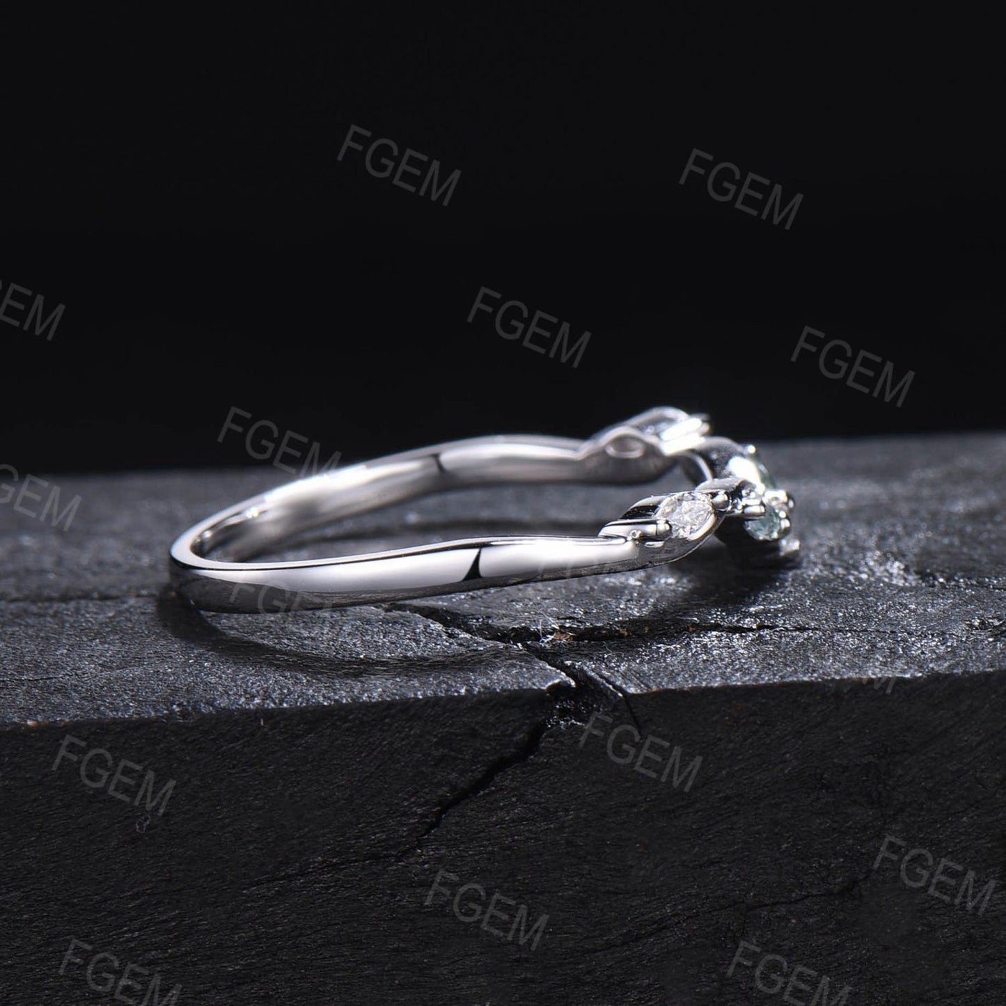 Marquise Moss Agate Contour Nature Wedding Band 10K White Gold Moissanite Nesting Band Ring Unique Vintage Stacking Matching Curved Bridal Band