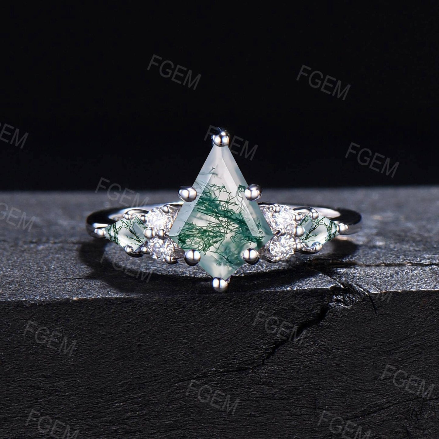Unique Natural Moss Agate Wedding Ring Vintage 10K14K18K White Gold Kite Moss Agate Moissanite Bridal Set Unique Anniversary Promise Gifts