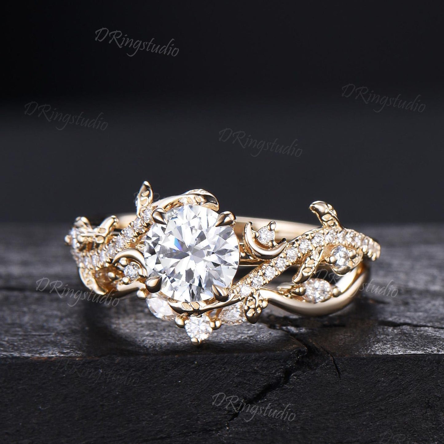 1ct Round Moissanite Wedding Ring Set Nature Inspired Moon Leaf Engagement Ring Set Solid 14k Yellow Gold Bridal Set Twig Ring Proposal Gift