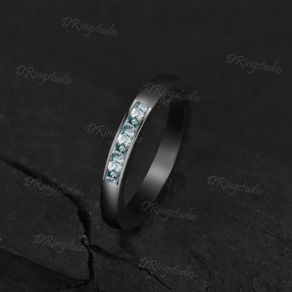 4mm Mens Baguette Moss Agate Wedding Band 14k Rose/Black Gold Natural Moss Agate Mens Brushed Band Matching Band Retro Vintage Rings