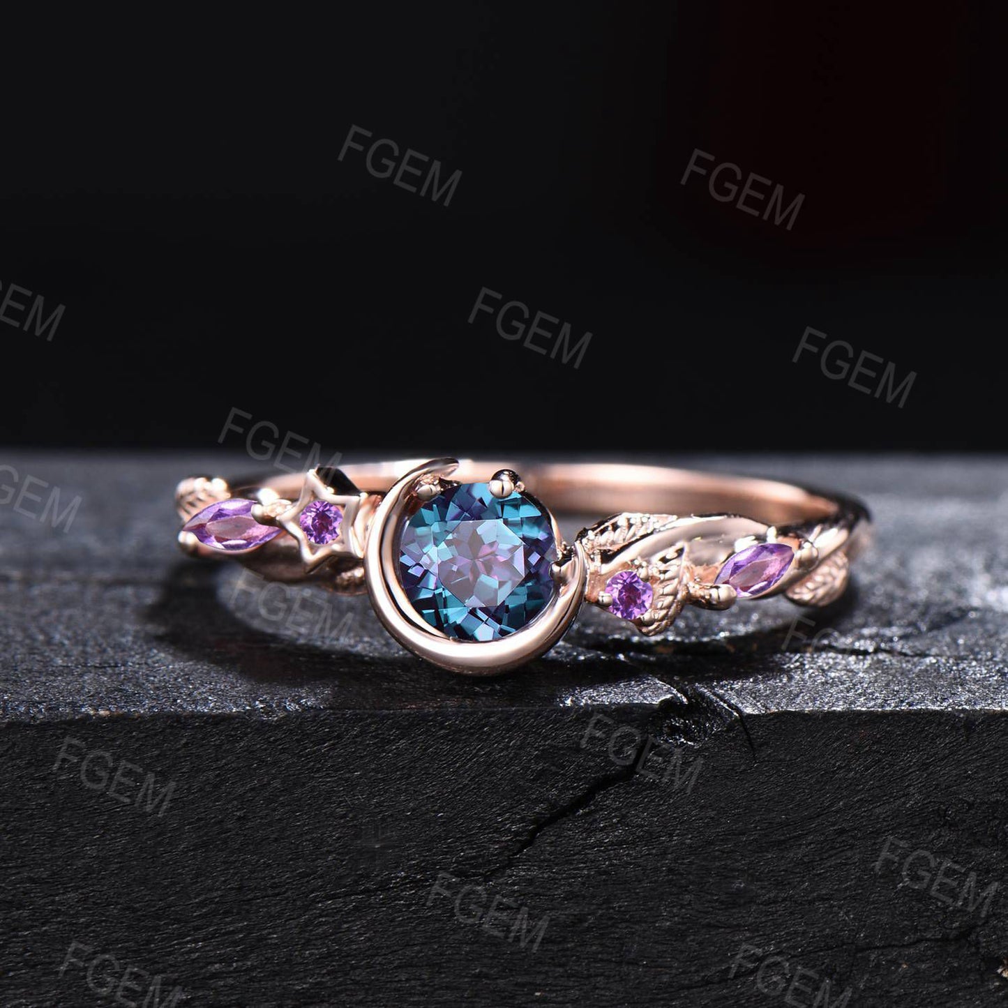 Nature Inspired Color-Change Alexandrite Amethyst Ring Unique Moon Star Design Celestial Wedding Ring Twist Leaf Vine Round Alexandrite Ring