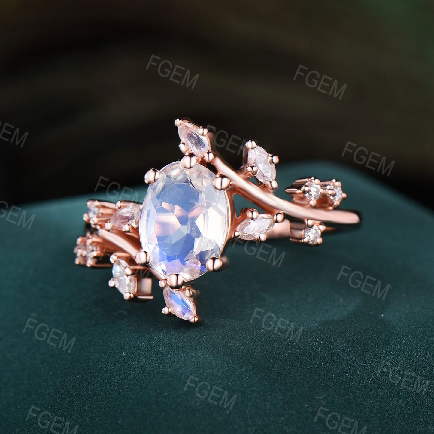 Oval Natural Moonstone Engagement Rings Vintage White Gold Nature Inspired Leaf Cluster Moonstone Moissanite Wedding Ring Anniversary Gifts