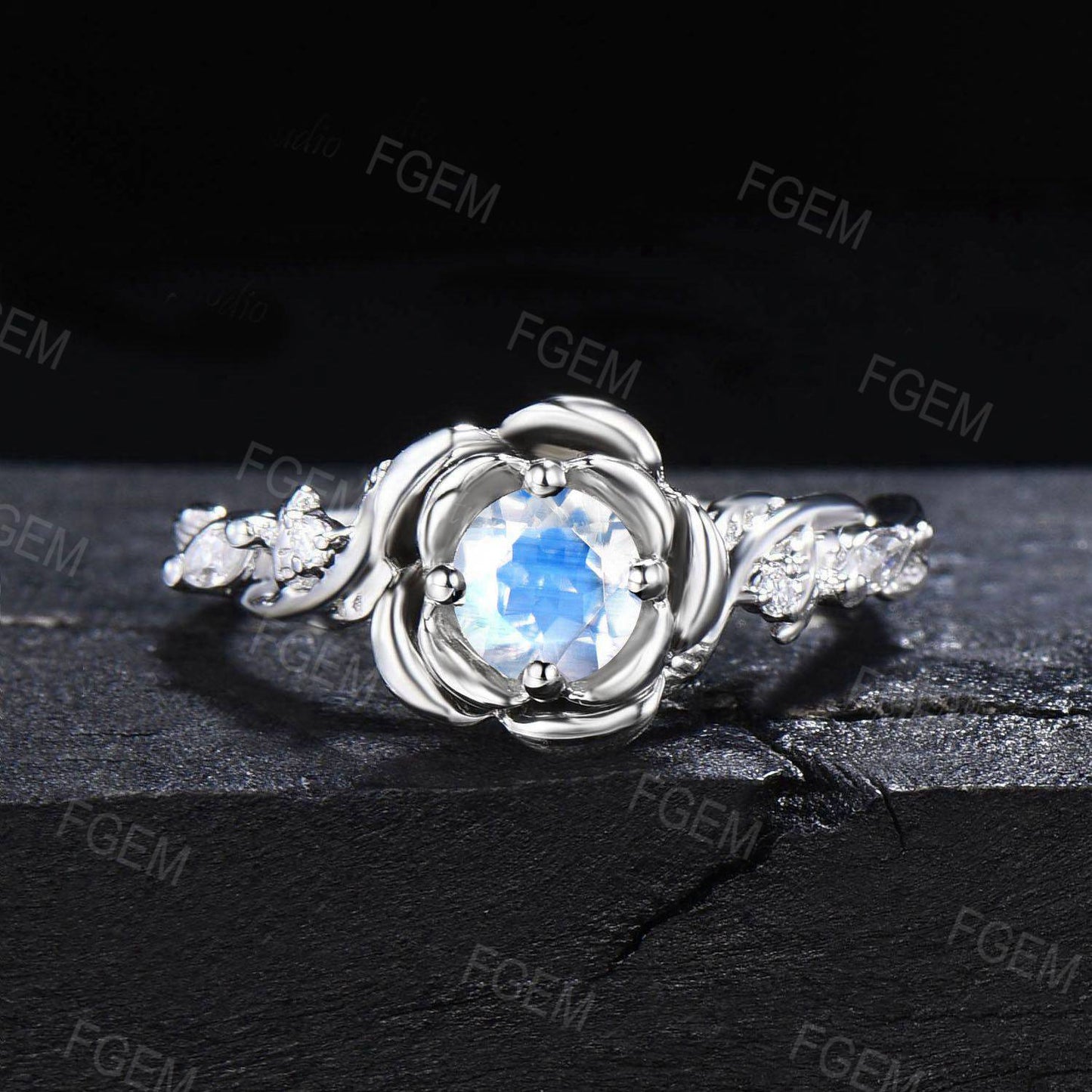 White Gold Engagement Ring 5mm Round Natural Rainbow Moonstone Bridal Set Nature Inspired Twig Moissanite Ring Rose Flower Ring Propose Gift
