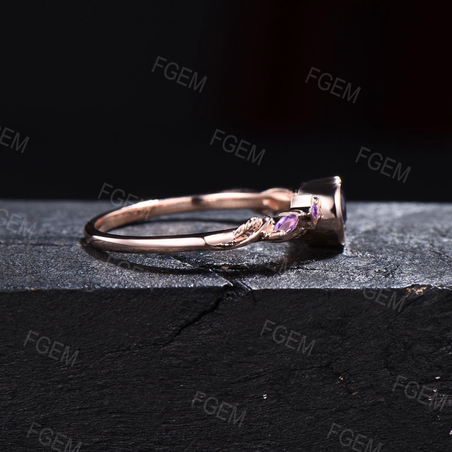Nature Inspired Color-Change Alexandrite Amethyst Ring Unique Moon Star Design Celestial Wedding Ring Twist Leaf Vine Round Alexandrite Ring
