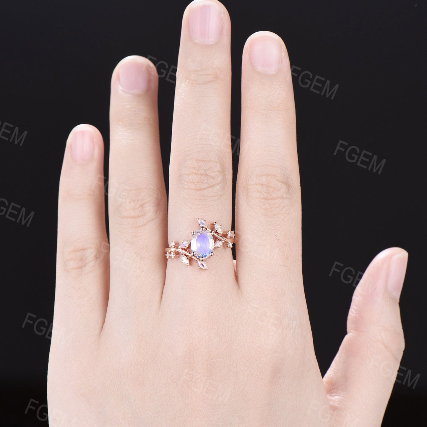 Oval Natural Moonstone Engagement Rings Vintage White Gold Nature Inspired Leaf Cluster Moonstone Moissanite Wedding Ring Anniversary Gifts
