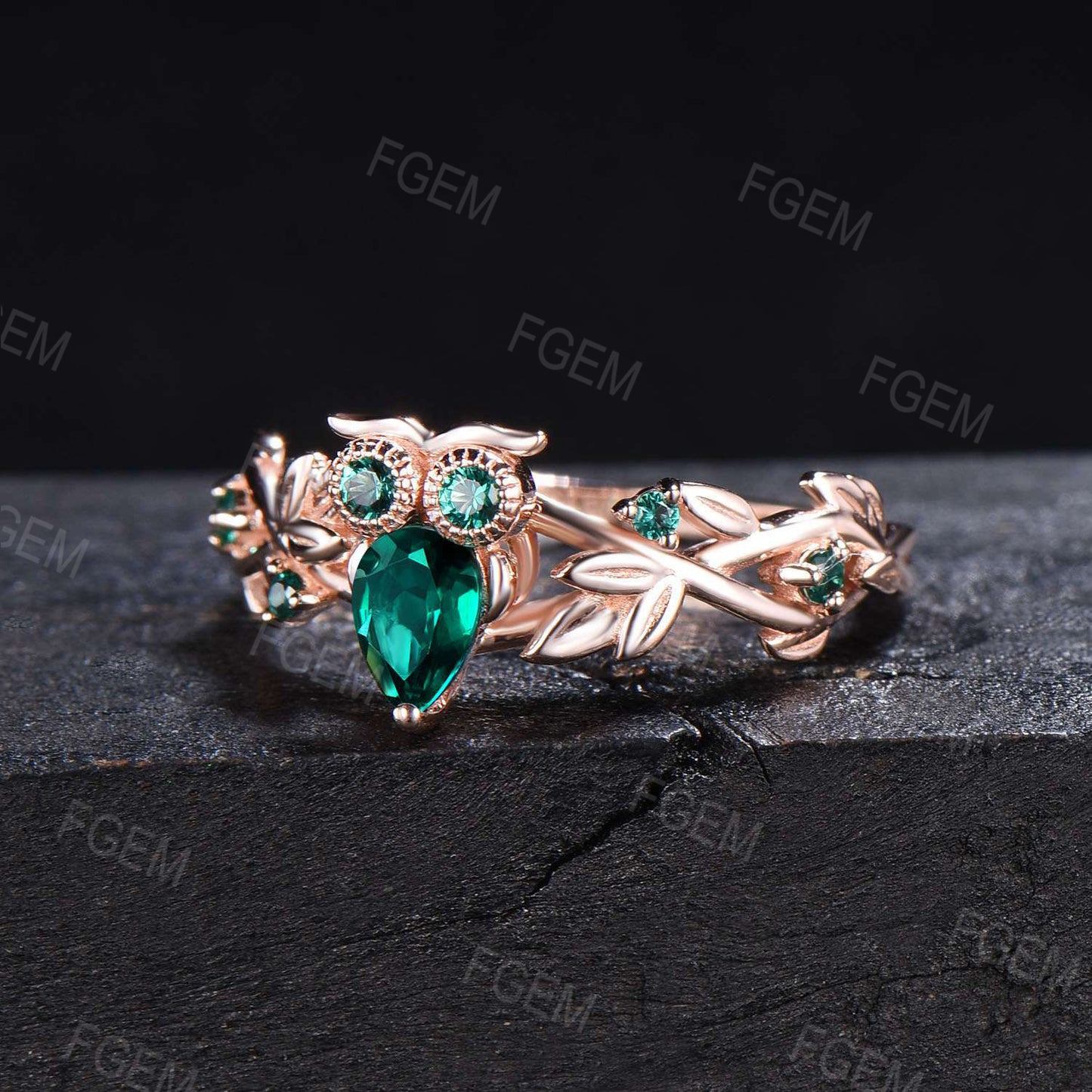 Nature Inspired Pear Shaped Green Emerald Owl Engagement Ring Vintage Unique Branch Leaf Owl Lover Ring May Birthstone Wedding Ring