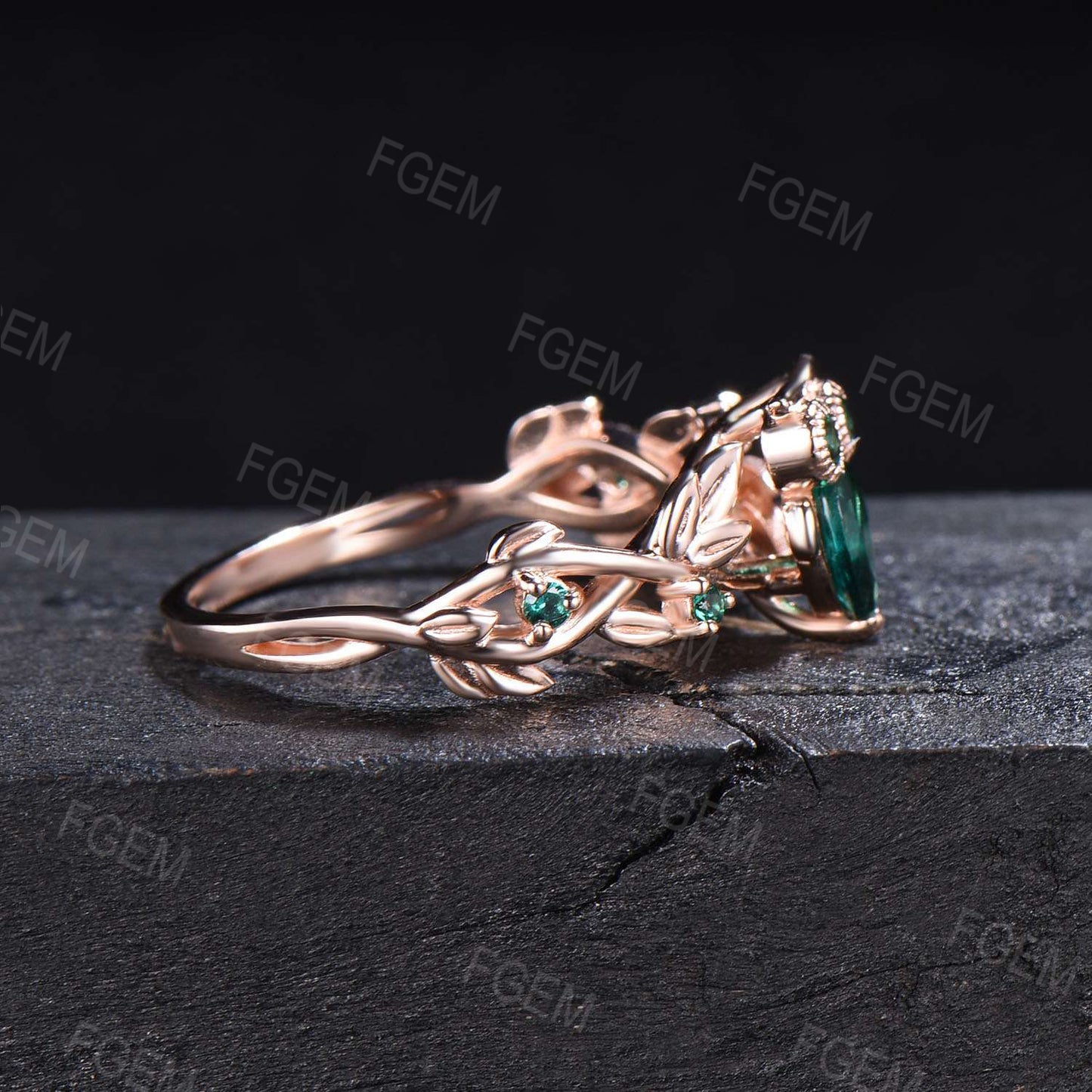 Nature Inspired Pear Shaped Green Emerald Owl Engagement Ring Vintage Unique Branch Leaf Owl Lover Ring May Birthstone Wedding Ring