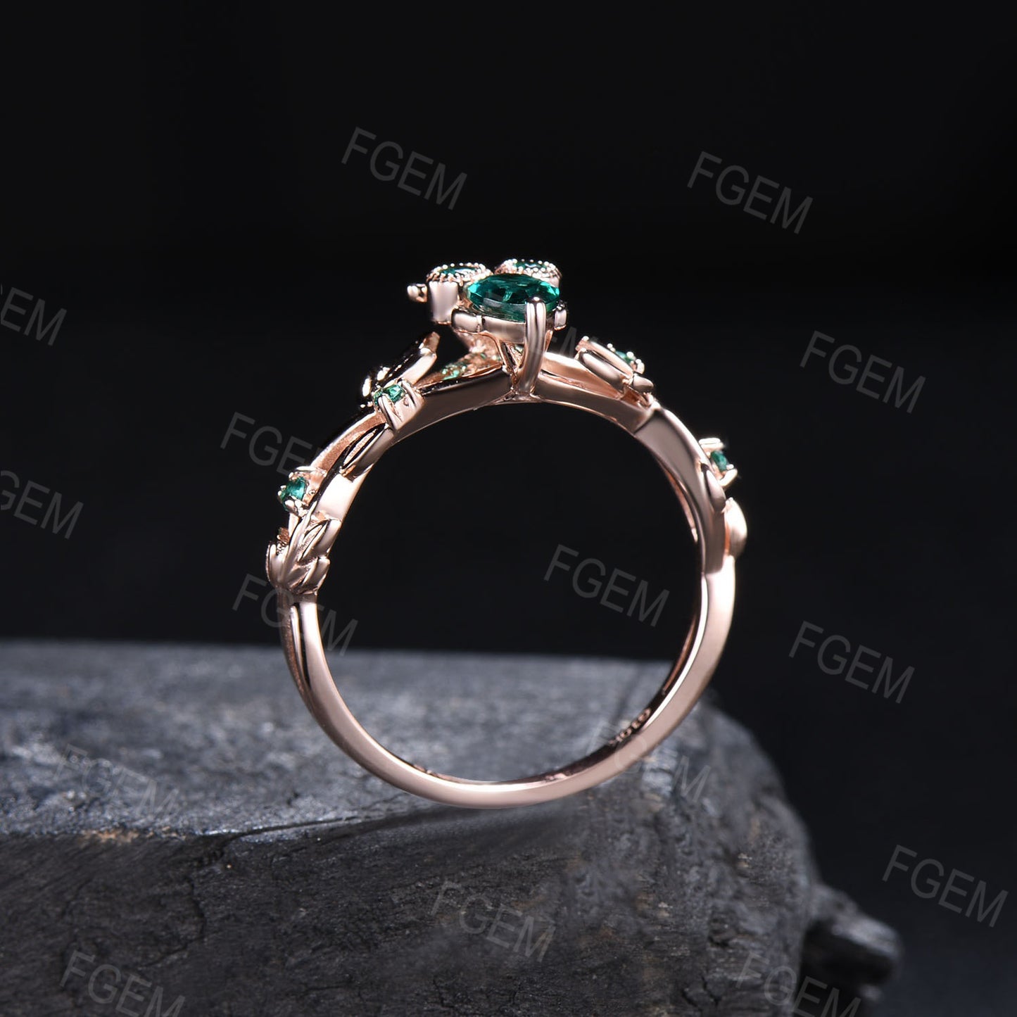 Nature Inspired Pear Shaped Green Emerald Owl Engagement Ring Vintage Unique Branch Leaf Owl Lover Ring May Birthstone Wedding Ring
