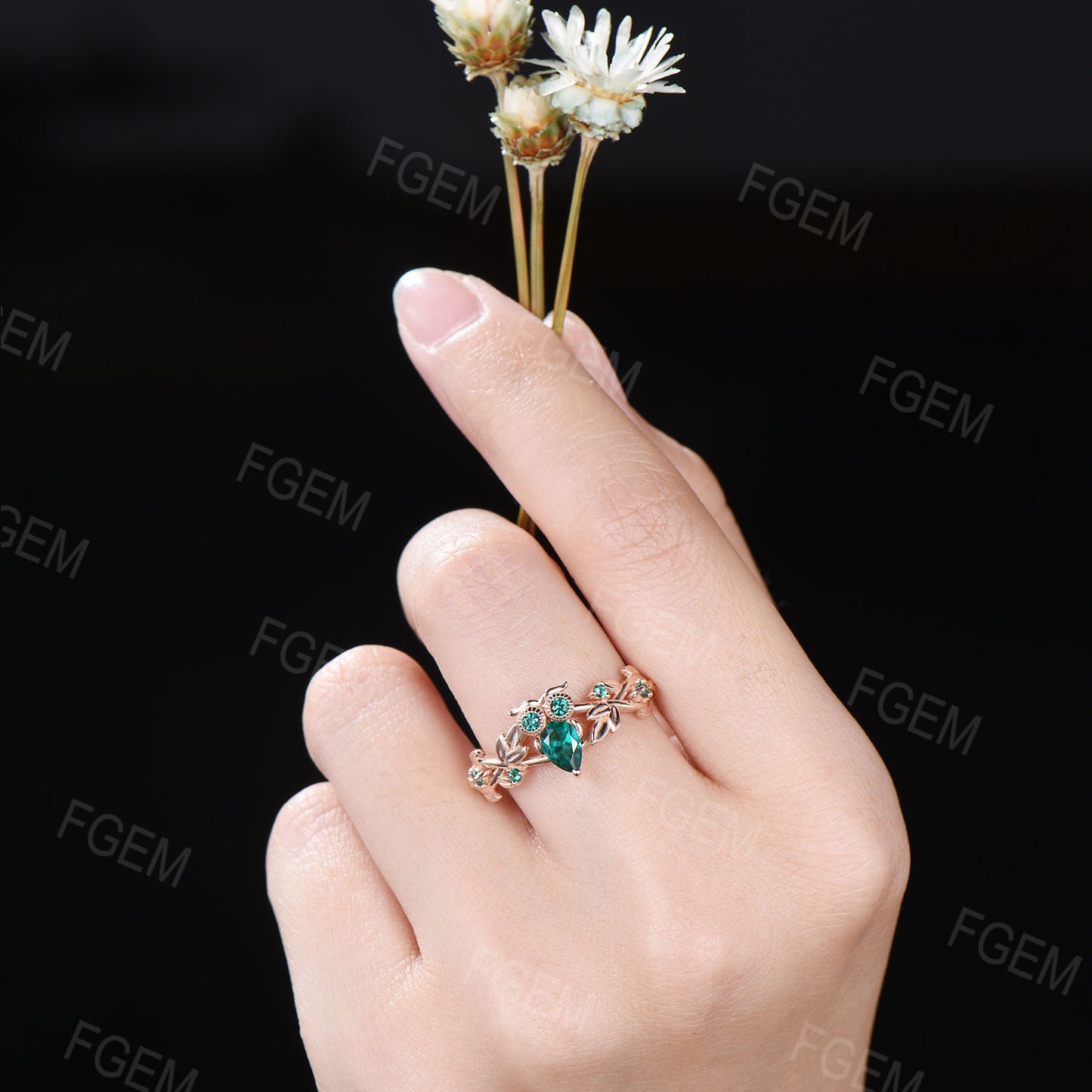 Nature Inspired Pear Shaped Green Emerald Owl Engagement Ring Vintage Unique Branch Leaf Owl Lover Ring May Birthstone Wedding Ring