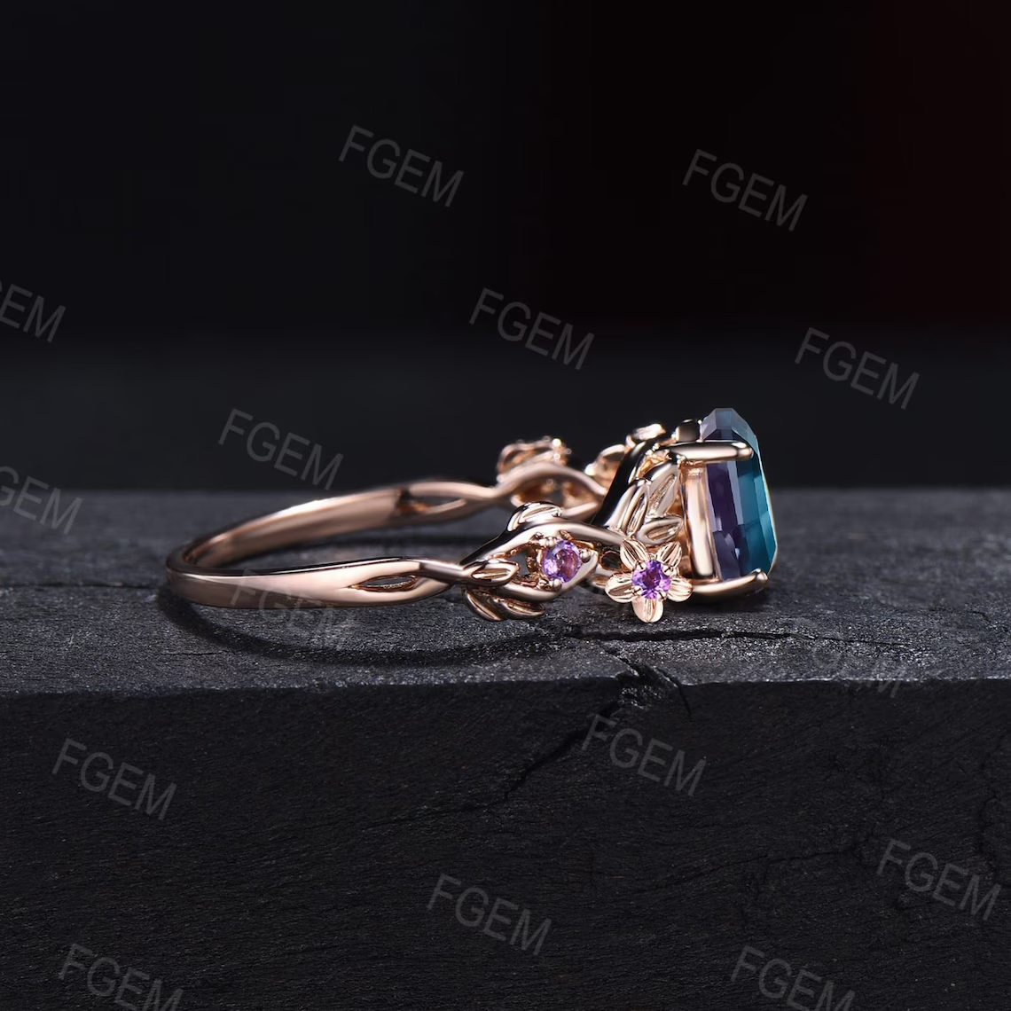 1.25ct Twig Vine Branch Nature Inspired Teardrop Alexandrite Engagement Ring Rose Flower Floral Amethyst Rings Unique June Birthstone Gifts