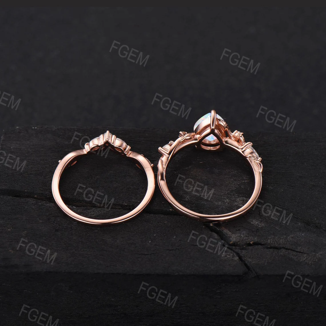 Nature Inspired White Opal Ring Set Vintage 1.25ct Pear Shaped Branch Twig Opal Engagement Ring Twist Leaf Moissanite Opal Wedding Ring Set