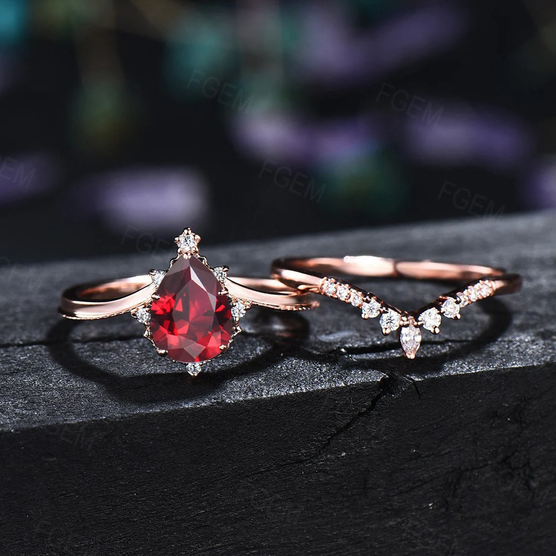 Sterling Silver 1.25ct Pear Shaped Ruby Engagement Ring Set Anniversary/Birthday Gift for Women July Birthstone Gift Red Gemstone Jewelry