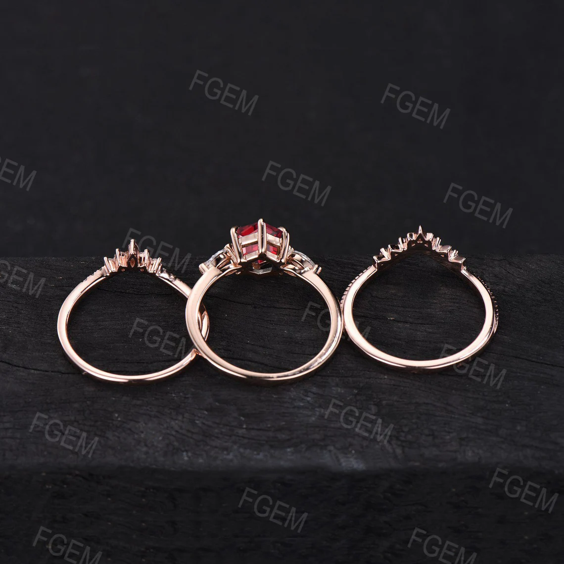 July Birthstone Wedding Ring Set 3pcs Hexagon Cut Red Ruby Gemstone Jewelry 1ct Sterling Silver Ruby Bridal Set Anniversary Gift For Women