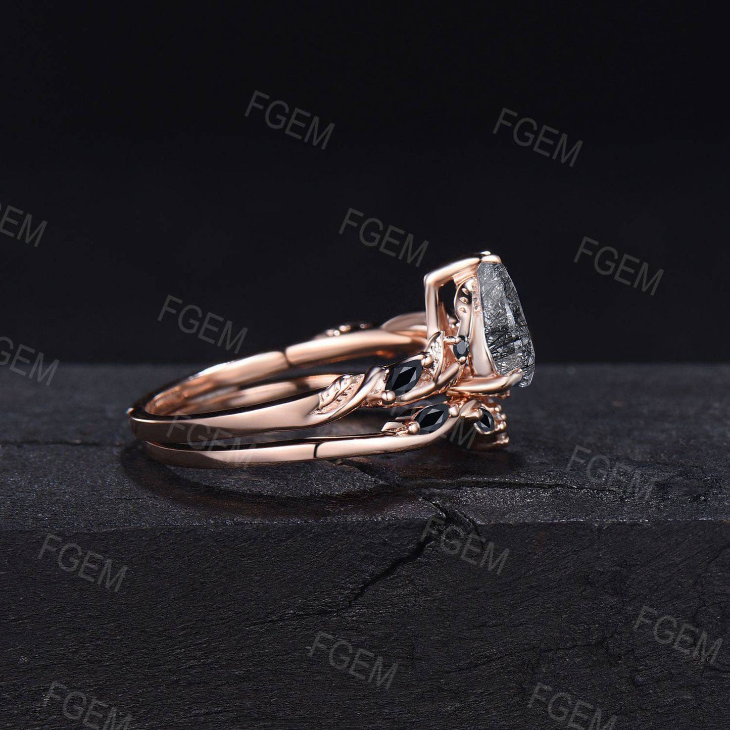 Nature Inspired Natural Black Rutilated Quartz Ring Set Twist Band 1.25ct Pear Black Gemstone Wedding Ring Set Leaf Vine Ring Branch Bridal Set Women