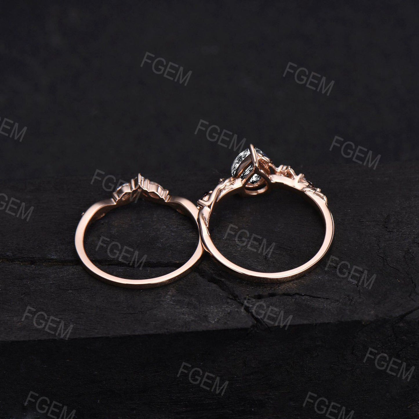 Nature Inspired Natural Black Rutilated Quartz Ring Set Twist Band 1.25ct Pear Black Gemstone Wedding Ring Set Leaf Vine Ring Branch Bridal Set Women