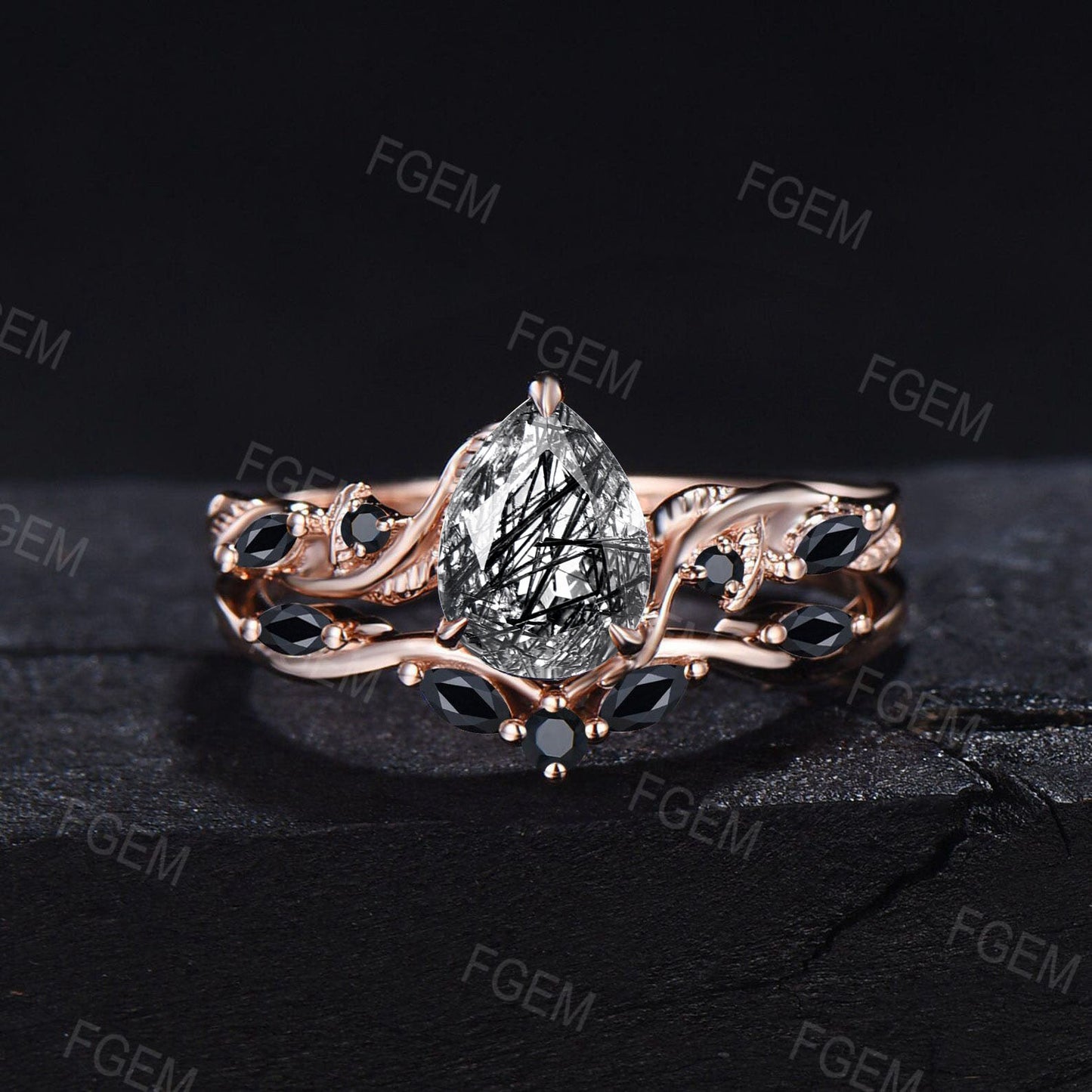 Nature Inspired Natural Black Rutilated Quartz Ring Set Twist Band 1.25ct Pear Black Gemstone Wedding Ring Set Leaf Vine Ring Branch Bridal Set Women