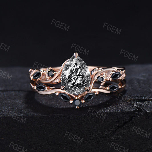 Nature Inspired Natural Black Rutilated Quartz Ring Set Twist Band 1.25ct Pear Black Gemstone Wedding Ring Set Leaf Vine Ring Branch Bridal Set Women