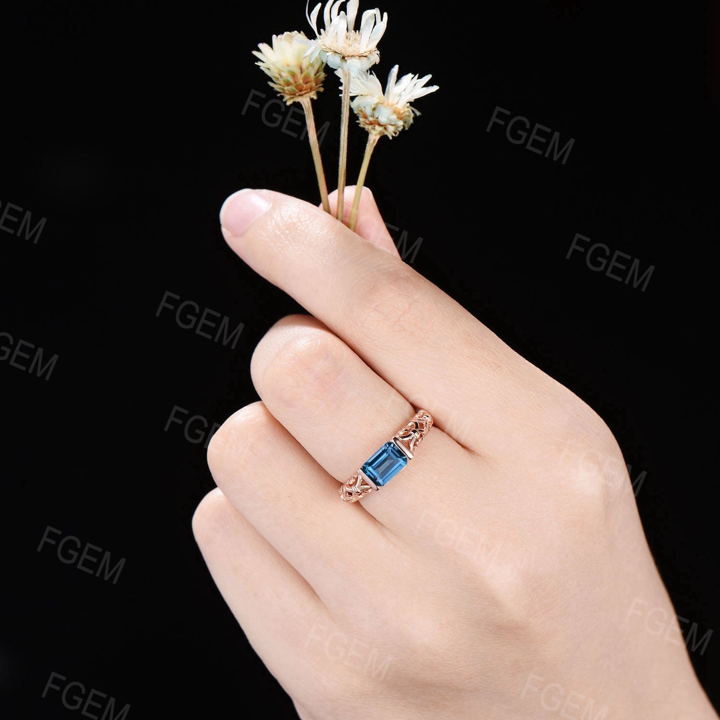 Vintage East West Ring Emerald Cut Natural London Blue Topaz Engagement Ring Solitaire Wedding Ring Topaz Minimalist Bridal Ring Women Gifts