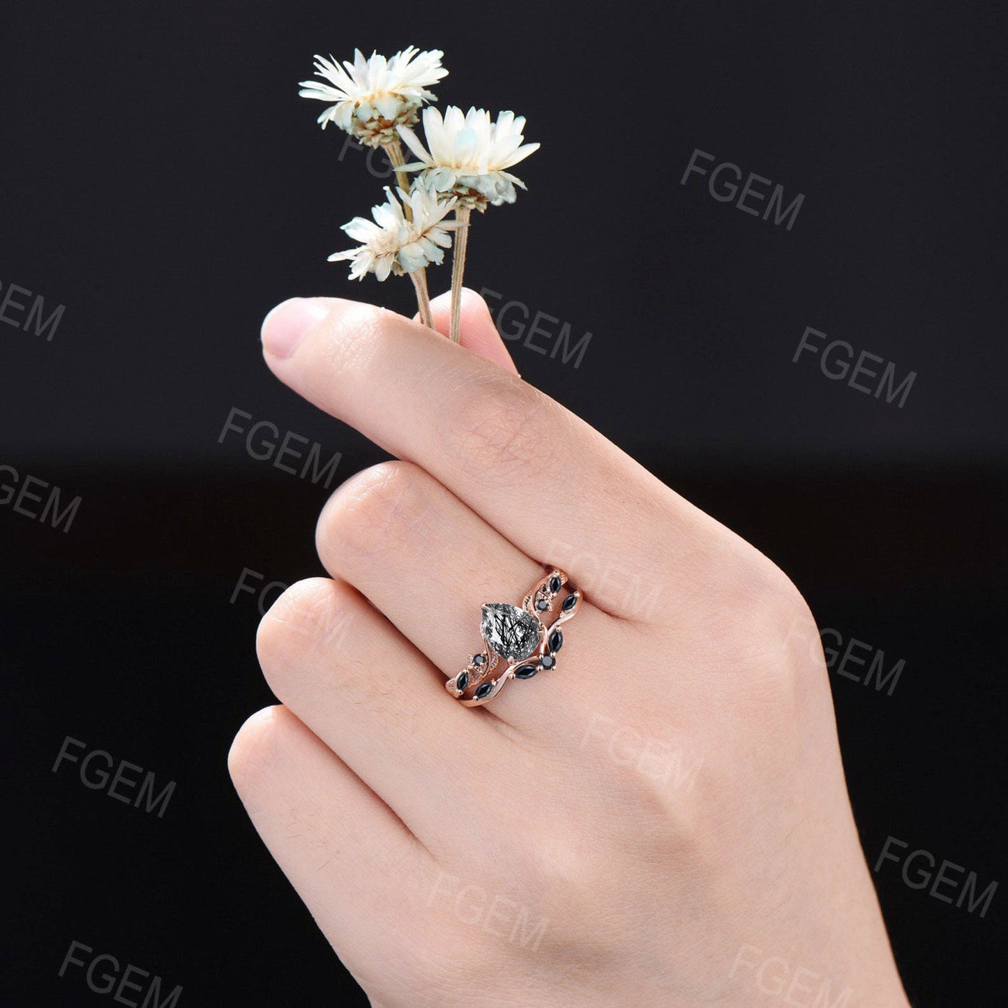 Nature Inspired Natural Black Rutilated Quartz Ring Set Twist Band 1.25ct Pear Black Gemstone Wedding Ring Set Leaf Vine Ring Branch Bridal Set Women