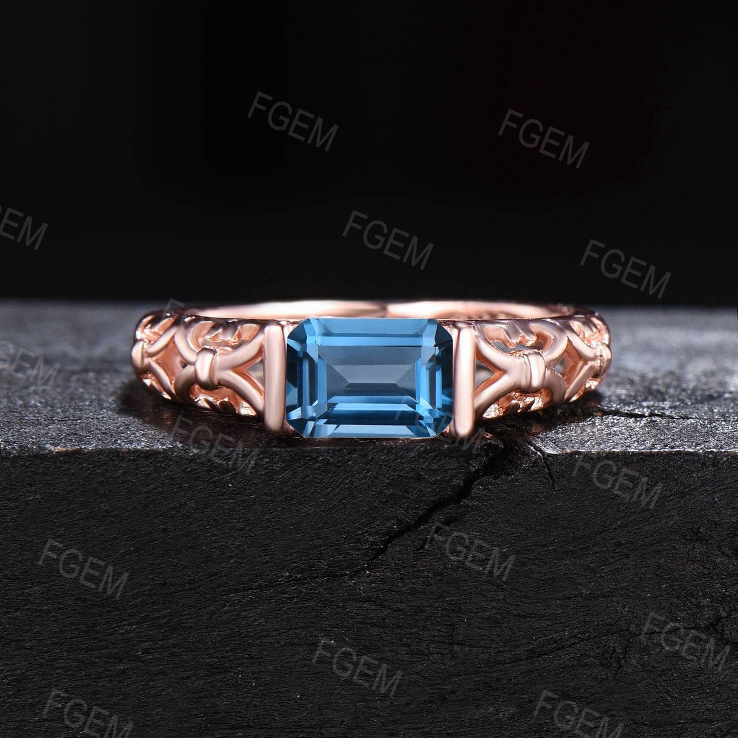 Vintage East West Ring Emerald Cut Natural London Blue Topaz Engagement Ring Solitaire Wedding Ring Topaz Minimalist Bridal Ring Women Gifts