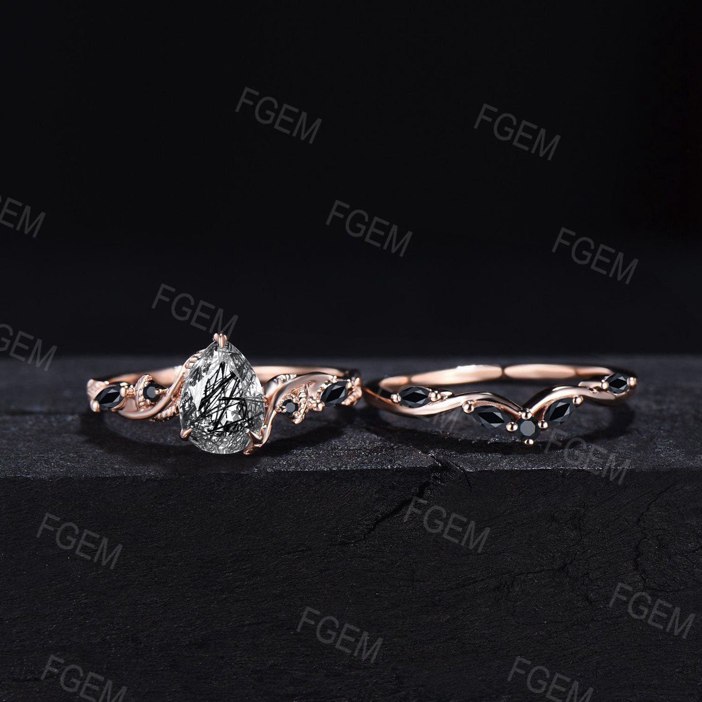 Nature Inspired Natural Black Rutilated Quartz Ring Set Twist Band 1.25ct Pear Black Gemstone Wedding Ring Set Leaf Vine Ring Branch Bridal Set Women
