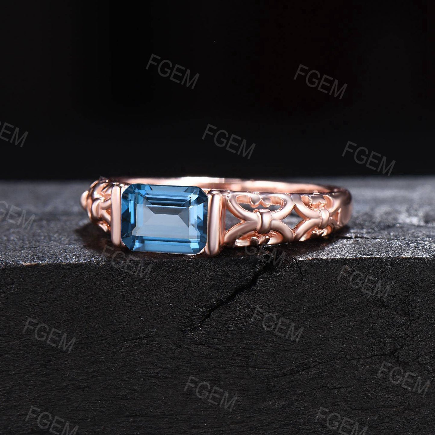 Vintage East West Ring Emerald Cut Natural London Blue Topaz Engagement Ring Solitaire Wedding Ring Topaz Minimalist Bridal Ring Women Gifts
