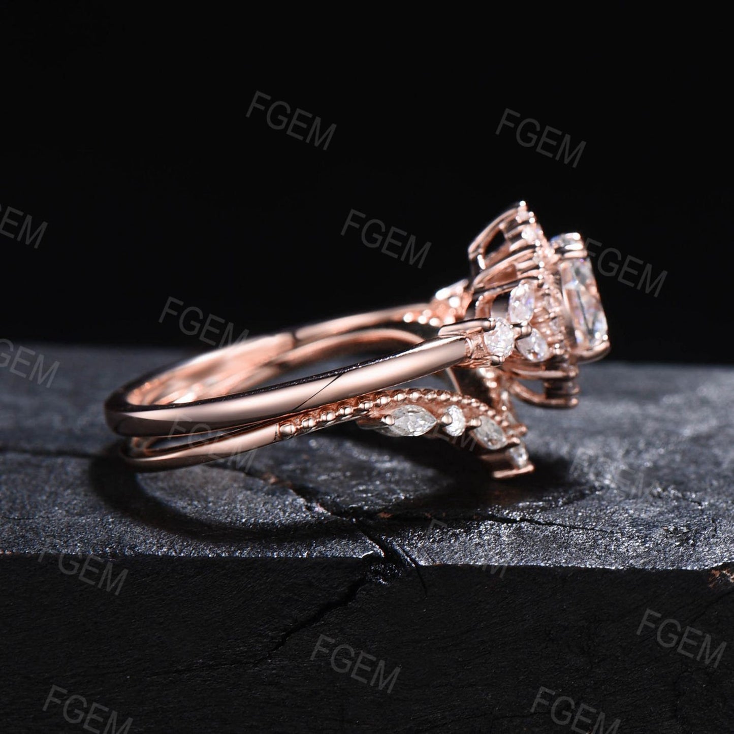 Unique Flower Design Moissanite Diamond Halo Wedding Ring Set 14K Rose Gold Round Moissanite Engagement Ring Vintage Anniversary Gifts